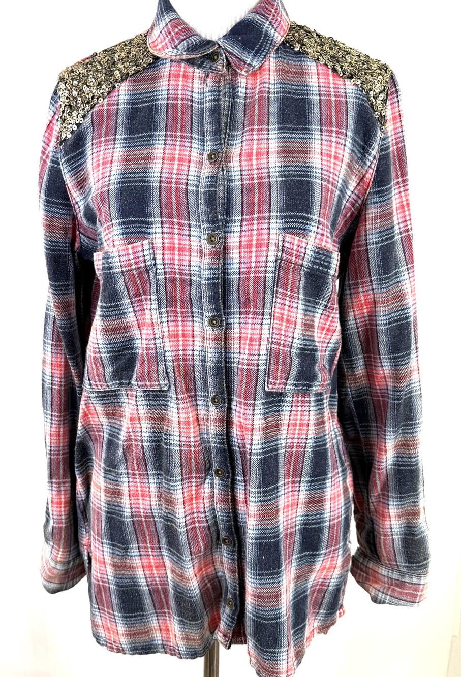 Free People Little Bit of Sugar Plaid Gold Sequin Button Up Shirt Size XS
